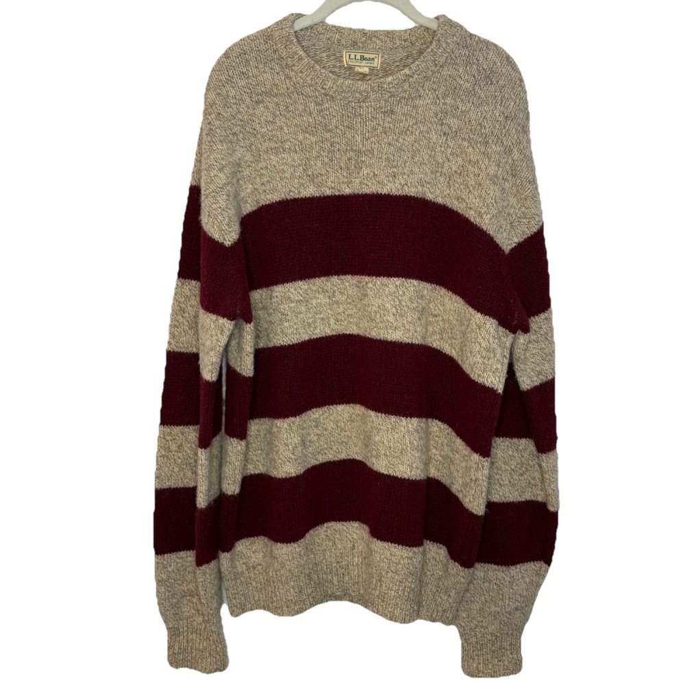 Vintage L.L. Bean Striped Maroon Knit Sweater Mens XL Long Wool blend USA Made